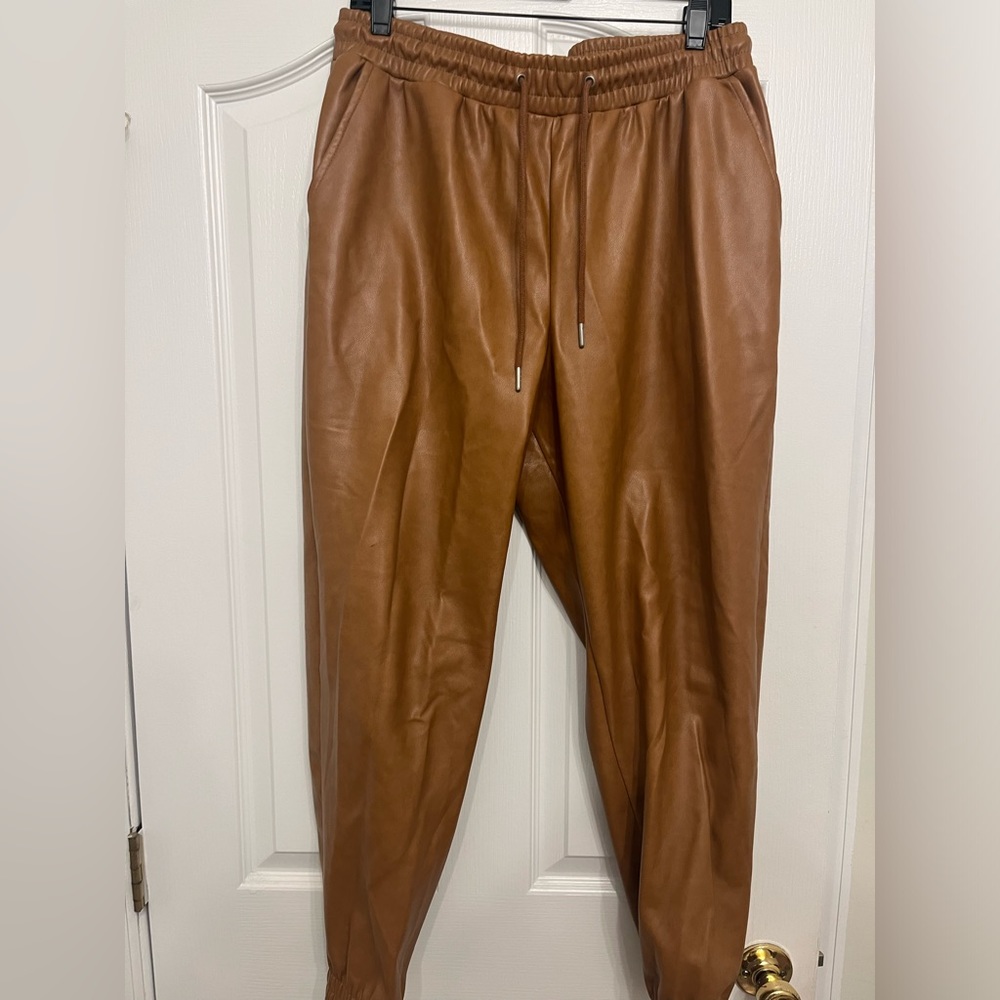 Faux Leather Camel Drawstring Pants